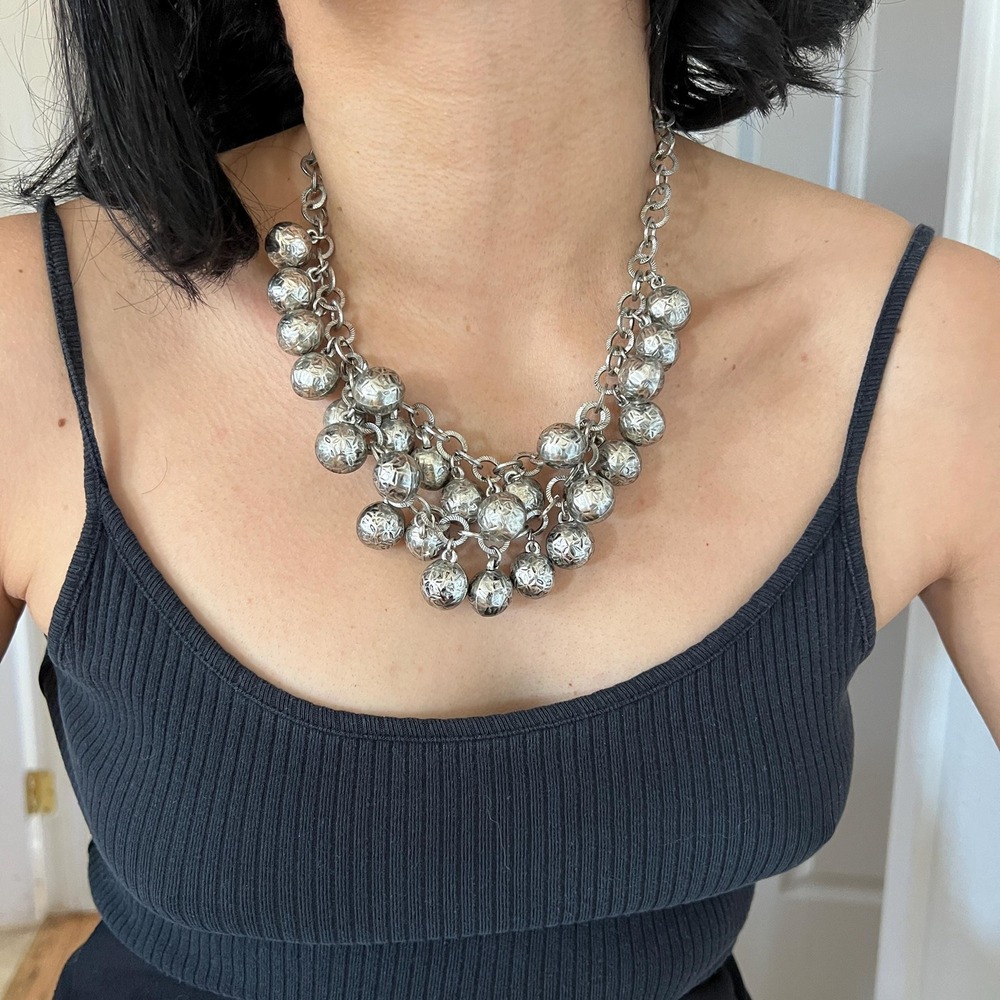 Vintage 2 Strand Silvertone Ball Necklace Lightweight‎ fun statement necklace